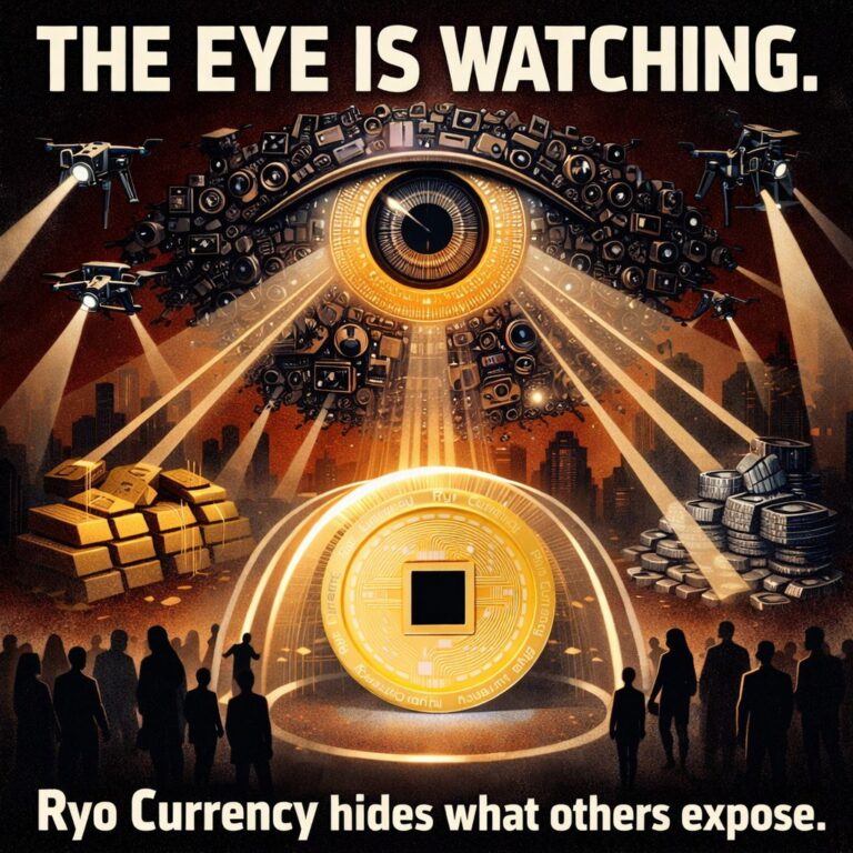 Surveillance-themed digital artwork for Ryo Currency privacy coin: large symbolic eye formed from surveillance cameras with light rays as pupil, drones with spotlights flying over massive piles of gold bars and silver coins; bottom features shielded large Ryo coin protecting anonymous people behind it; top text 'The Eye is Watching'; bottom text 'Ryo Currency hides what others expose'; theme of systemic surveillance vs unbreakable privacy and financial sovereignty