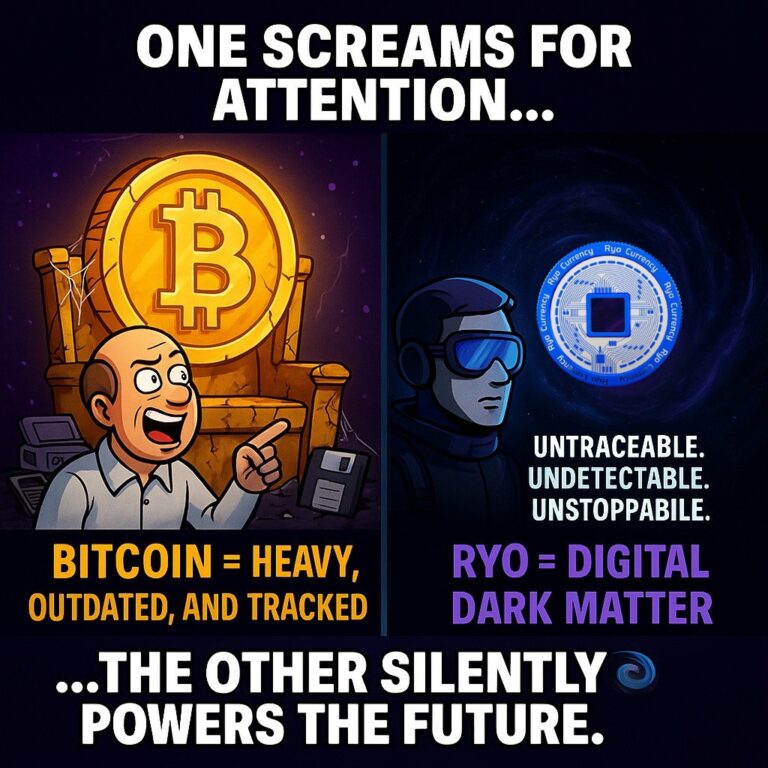 Split-image meme artwork contrasting Bitcoin and Ryo Currency: top text 'One screams for attention'; bottom text '...the other silently powers the future.'; left side shows bald man pointing in front of a cracking throne with Bitcoin coin, surrounded by floppy disks and old calculators, labeled 'Bitcoin = Heavy, outdated, and tracked'; right side shows calm composed man wearing goggles with dark matter background and glowing Ryo coin behind him, text 'Untraceable, Undetectable, Unstoppable. Ryo = Digital Dark Matter'; theme of privacy superiority, untraceable cryptocurrency vs visible tracked Bitcoin, stealth vs clout in digital finance