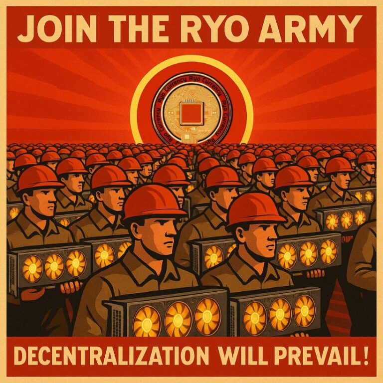 Soviet propaganda-style digital artwork for Ryo Currency: hundreds of determined GPU miners depicted as uniformed men in brown shirts and red hard-hat helmets, each holding a three-fan GPU rig aloft like weapons; massive glowing red Ryo coin overhead radiating powerful red rays downward; top text 'Join the Ryo army'; bottom text 'Decentralization will prevail!'; theme of mining revolution, collective resistance to centralized financial control, privacy coin movement, and unstoppable decentralizationThis piece is a perfect rallying cry for your ryo.news community gallery—propaganda aesthetic nails the "army rising" energy while boosting visibility for searches like "Ryo Currency army art", "RYO mining revolution illustration", "Ryo decentralization propaganda", or "privacy coin GPU miners".