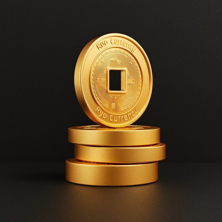 Premium digital artwork of stacked Ryo Currency coins on black background: three horizontal gold Ryo coins at the base, one vertical gold Ryo coin balanced on top with front face visible showing intricate circuitry design pattern and 'Ryo Currency' text arched at top and bottom; symbolizes dominance, strength, precision, and leadership in privacy-focused cryptocurrency