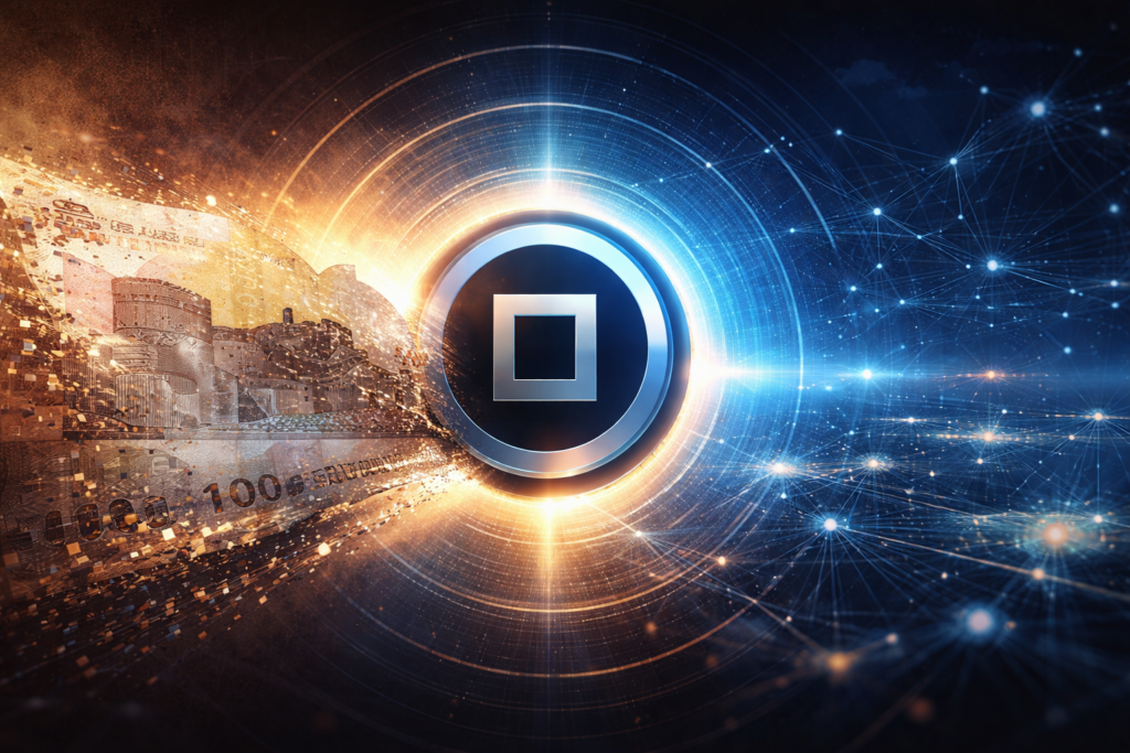 Iranian rial banknote dissolving into digital particles flowing toward a glowing blue Ryo coin, with network connections forming on the right side against a dark background