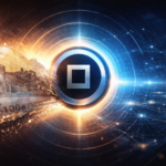 Iranian rial banknote dissolving into digital particles flowing toward a glowing blue Ryo coin, with network connections forming on the right side against a dark background