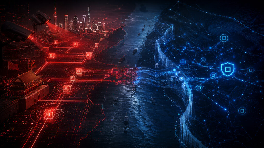Chinese surveillance and monitored payment networks face an encrypted blue privacy network across a strategic shipping corridor.