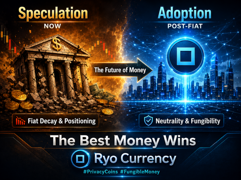 Ryo Currency poster showing a split scene of fiat decay and speculation on the left, post-fiat adoption on the right, and the message “The Best Money Wins.”