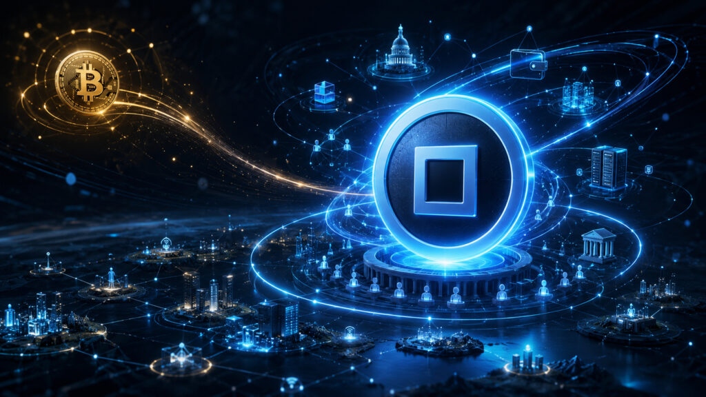Luminous Ryo Currency symbol drawing Bitcoin, digital infrastructure, governance nodes and a network-state city into a sovereign gravity field.
