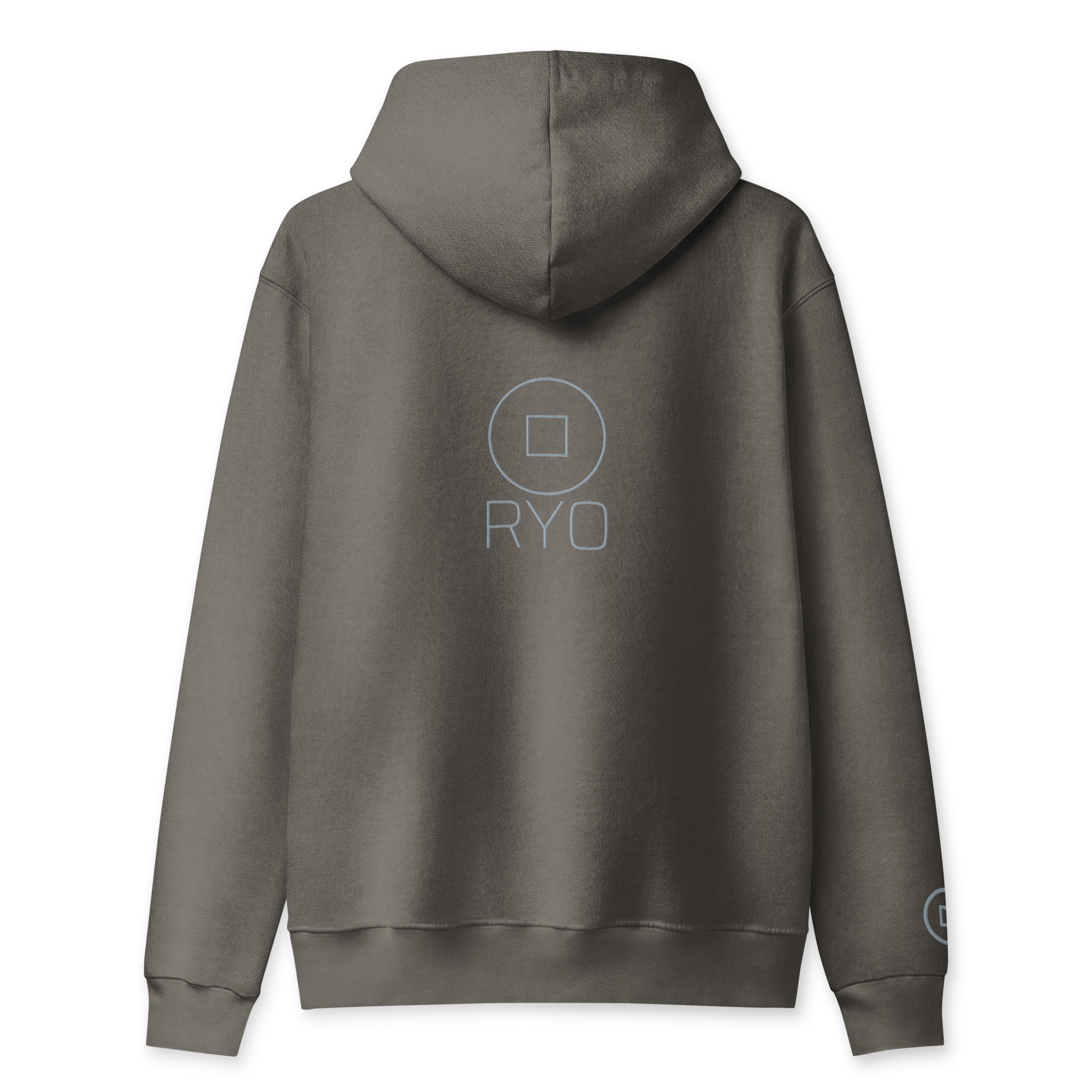 Back of Asphalt Ryo full zip hoodie with large tonal grey embroidered logo