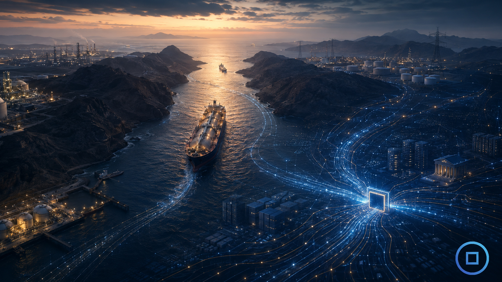 Oil tankers crossing a narrow maritime chokepoint as global shipping routes transform into digital financial networks, illustrating the connection between the Strait of Hormuz, economic dependency and monetary sovereignty.
