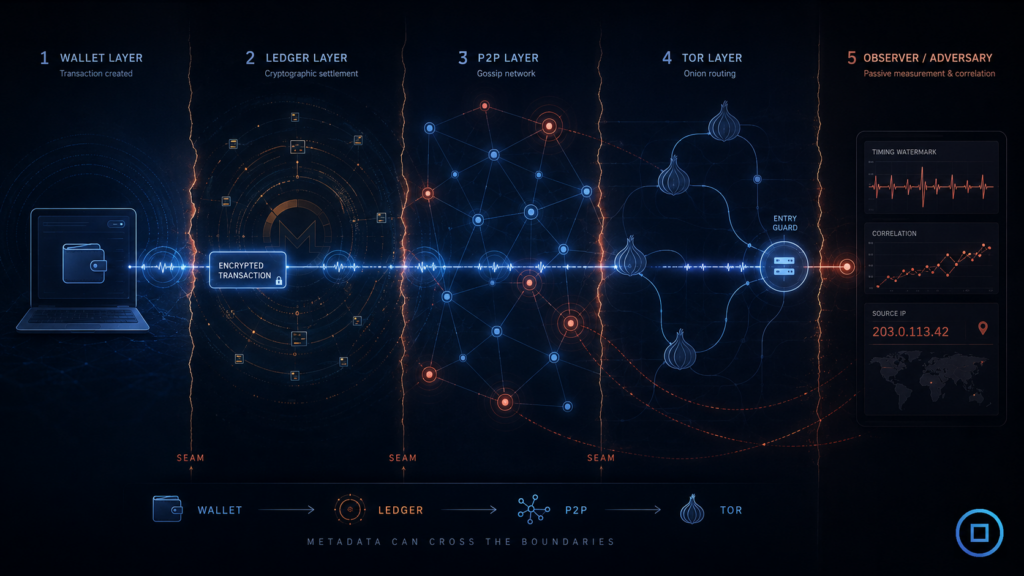 Diagram showing an encrypted Monero transaction moving through wallet, ledger, P2P and Tor layers, with adversarial nodes correlating a timing watermark to a source IP address.
