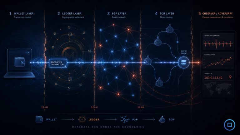 Diagram showing an encrypted Monero transaction moving through wallet, ledger, P2P and Tor layers, with adversarial nodes correlating a timing watermark to a source IP address.