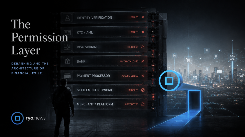 Featured image for The Permission Layer showing a person facing blocked financial access layers including identity verification, KYC, bank, processor and settlement network, with a blue Ryo path representing an alternative monetary route.