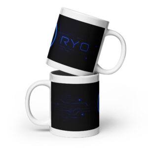 RYO Cypher Circuit 20 oz ceramic mug with blue Ryo emblem and circuit design