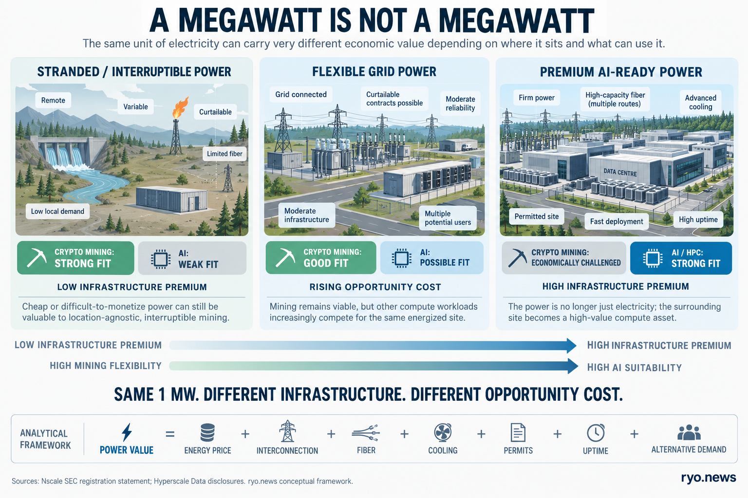 A Megawatt Is Not a Megawatt — AI vs Crypto Mining Infrastructure Infographic comparing stranded power, flexible grid power and premium AI-ready infrastructure, showing how the same megawatt can have different economic value for crypto mining and AI.