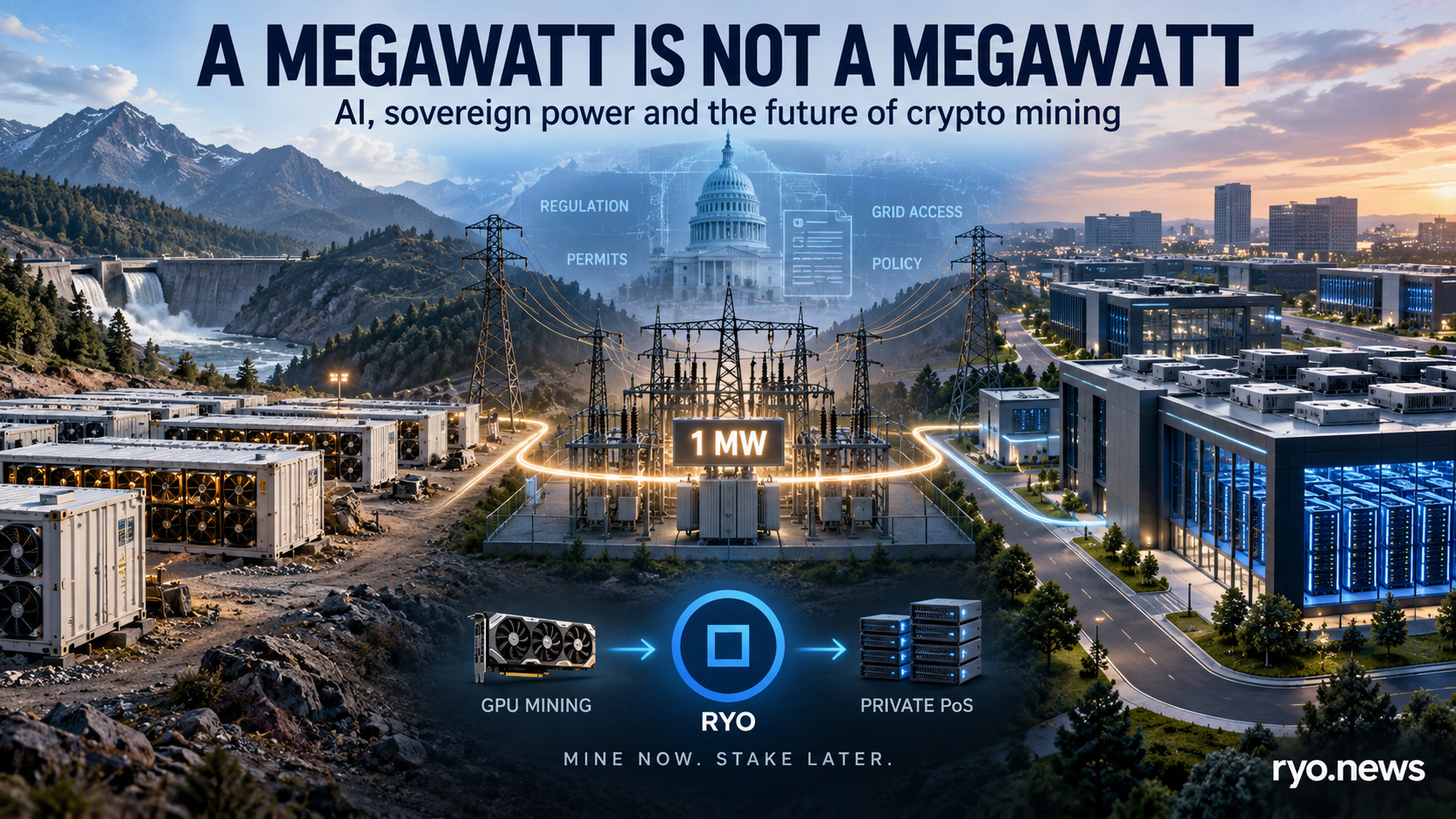 Crypto mining and an AI data centre compete for power from the same electrical infrastructure, illustrating how AI, grid access and sovereign policy are changing the economics of cryptocurrency mining.