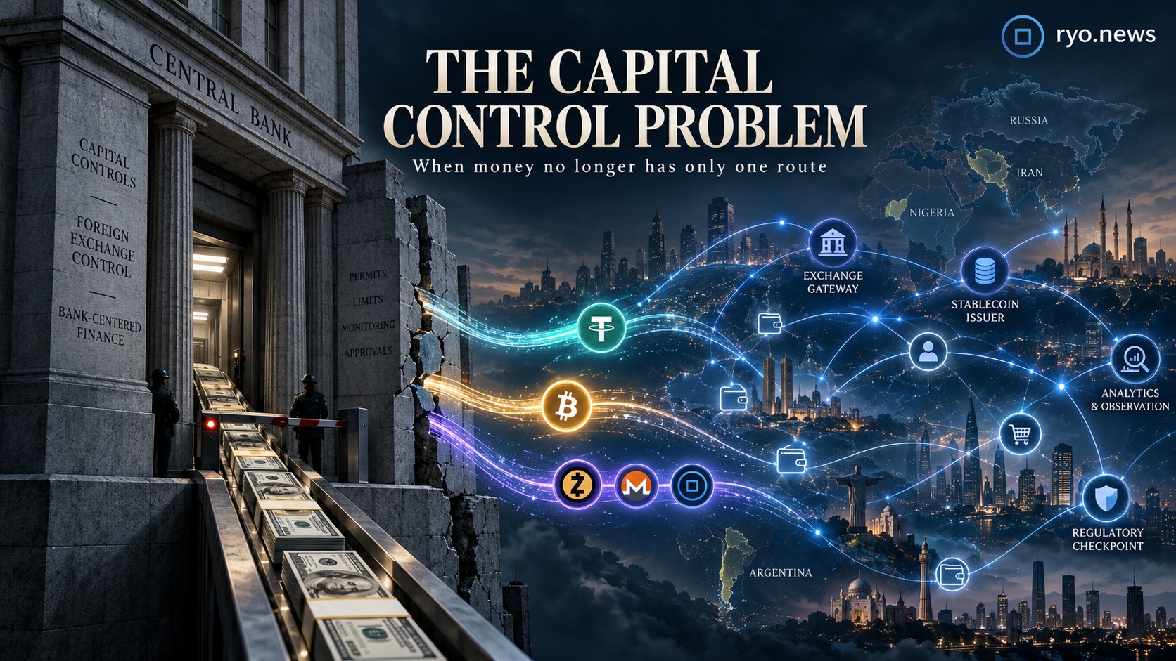 Editorial illustration showing a central-bank capital-control barrier as money splits into stablecoin, Bitcoin and privacy-crypto routes across a global digital financial network.