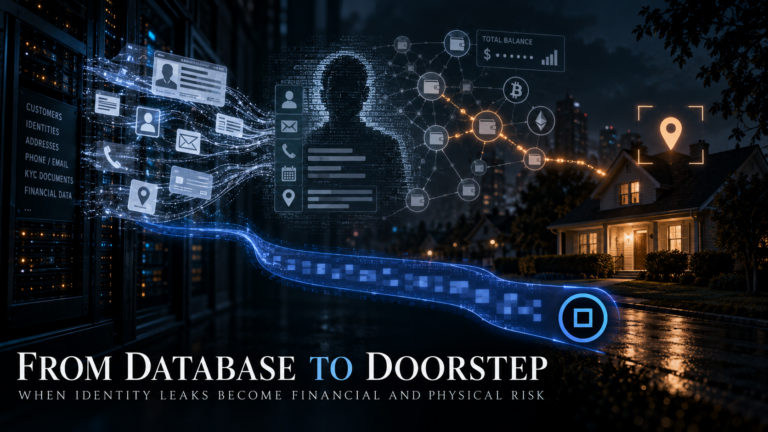 Featured image showing leaked identity records and crypto data flowing from a breached database toward a residential address, with Ryo representing a private financial layer that reduces public blockchain exposure.
