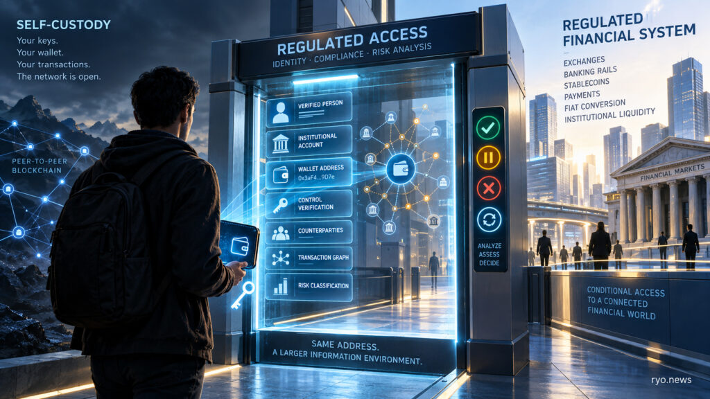 A self-custody wallet approaching a regulated financial gateway where verified identity, a blockchain address, transaction history and risk analysis are combined to determine access to financial infrastructure.