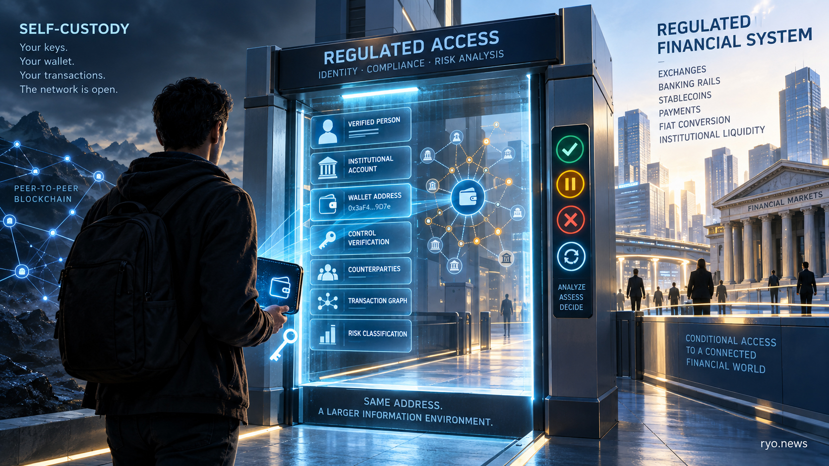 A self-custody wallet approaching a regulated financial gateway where verified identity, a blockchain address, transaction history and risk analysis are combined to determine access to financial infrastructure.