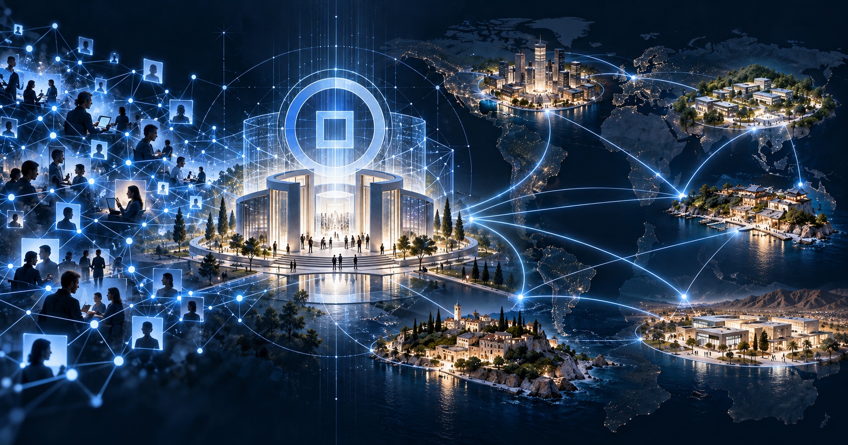 Conceptual illustration of a distributed digital community becoming a network state through a shared constitutional core connecting physical communities across the world.