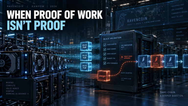 Cinematic illustration of Ravencoin GPU mining showing valid KAWPOW work flowing toward a block-validation system while a manipulated nHeight block bypasses the normal verification path and is accepted into the chain.