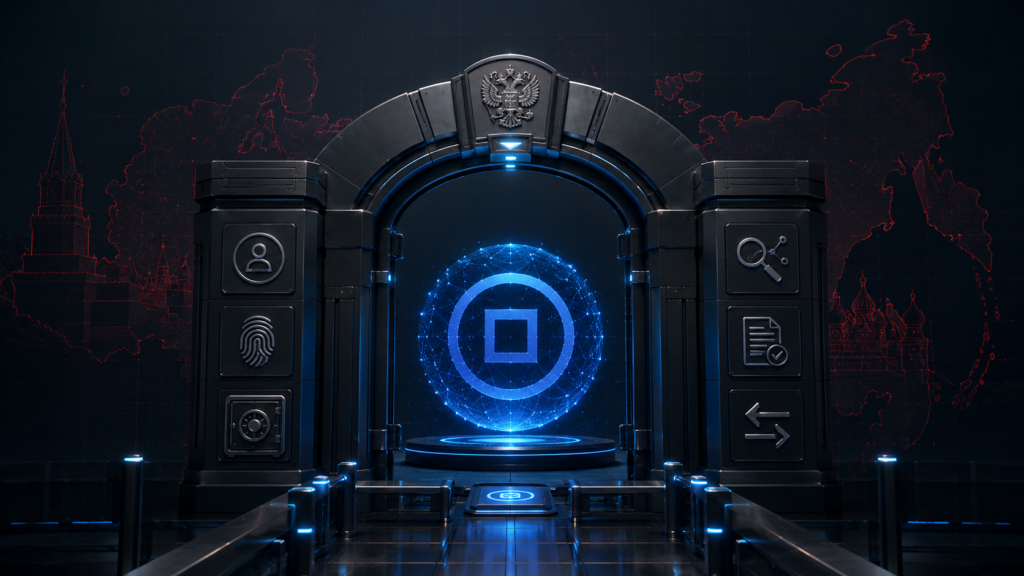 Editorial illustration of a glowing Ryo Currency symbol inside a regulated financial gateway, with Russian imagery and compliance symbols representing identity checks, digital analysis, custody and transaction controls.