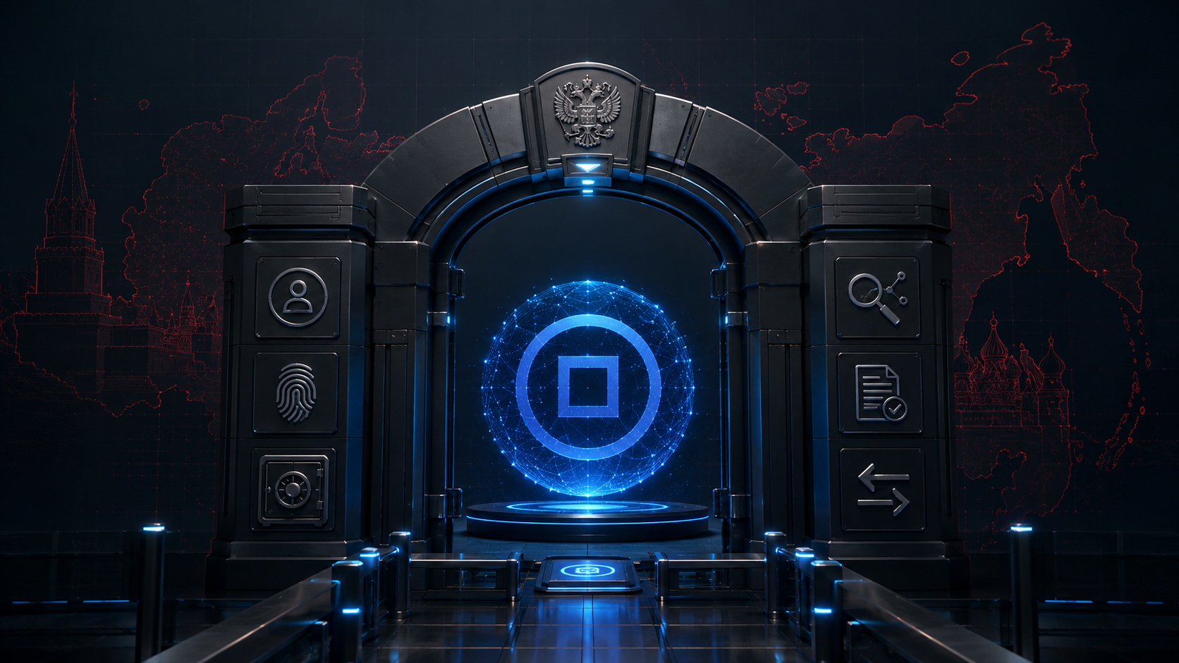 Editorial illustration of a glowing Ryo Currency symbol inside a regulated financial gateway, with Russian imagery and compliance symbols representing identity checks, digital analysis, custody and transaction controls.