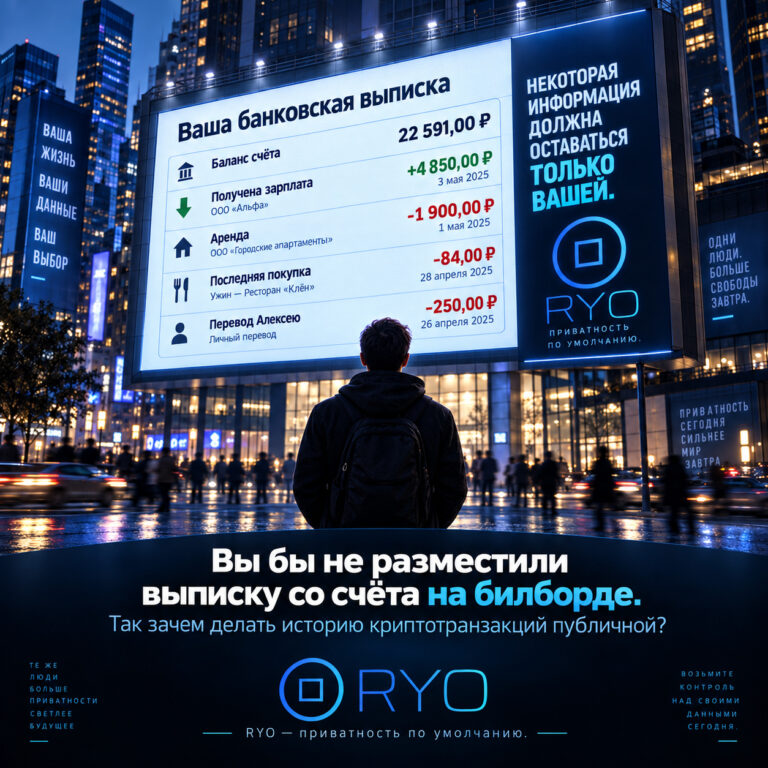 Русский постер RYO Currency: гигантский городской билборд показывает банковский баланс человека, зарплату, аренду, недавнюю покупку и перевод на всеобщее обозрение.