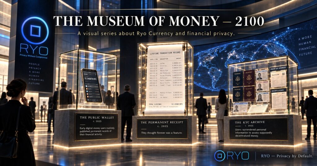 Futuristic Museum of Money exhibit showing a public crypto wallet, permanent transaction receipt and KYC archive as historical artifacts in a Ryo Currency financial privacy campaign.
