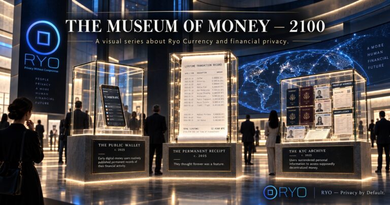 Futuristic Museum of Money exhibit showing a public crypto wallet, permanent transaction receipt and KYC archive as historical artifacts in a Ryo Currency financial privacy campaign.