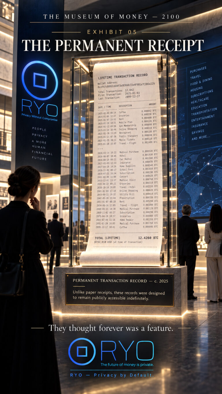 A giant lifetime transaction receipt inside a futuristic museum case listing decades of purchases, travel, rent, healthcare and other financial activity in the Ryo Currency Museum of Money series.