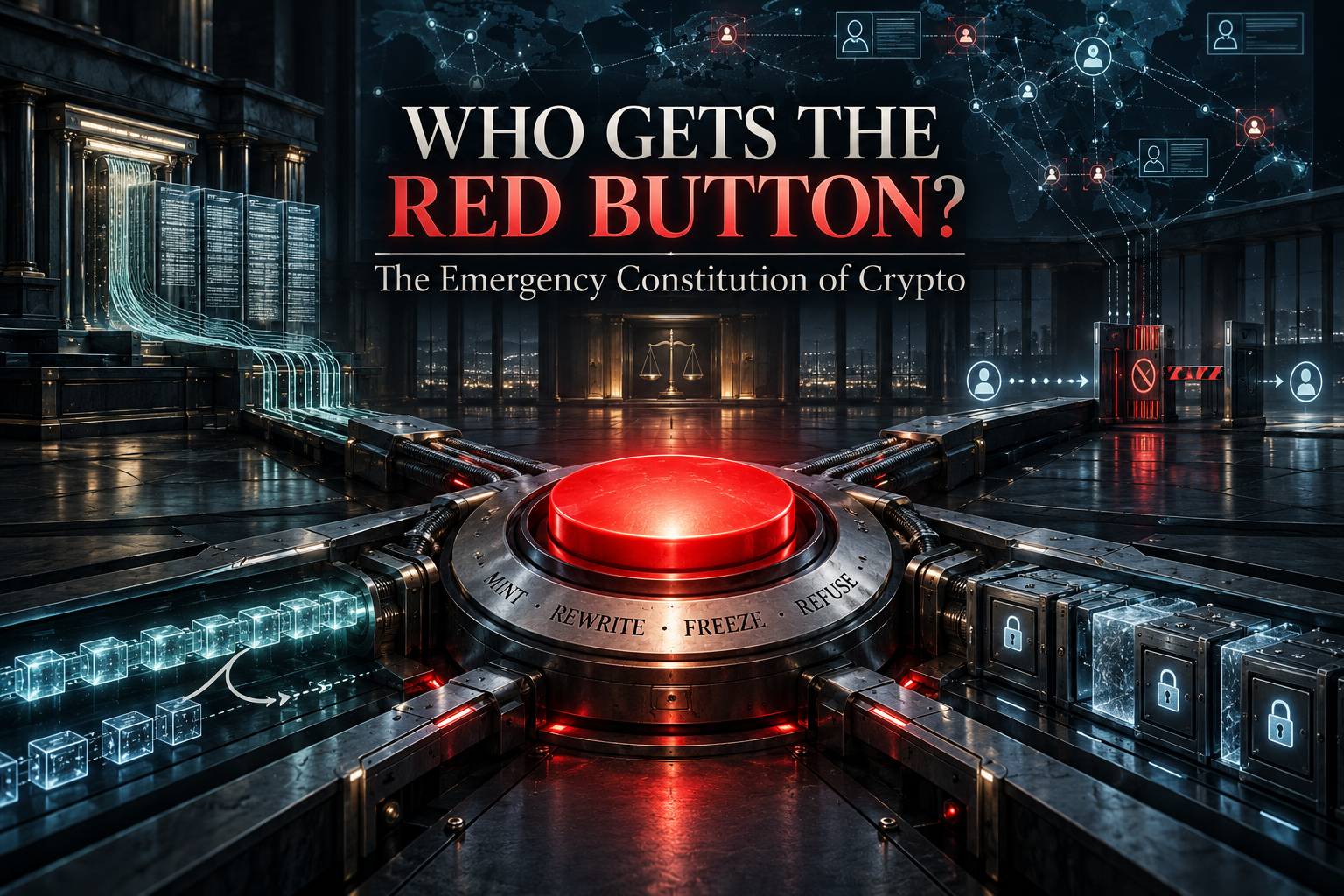 Editorial illustration of a red emergency control button connected to blockchain consensus, custody, transaction controls and financial surveillance systems, representing exceptional power in cryptocurrency networks.