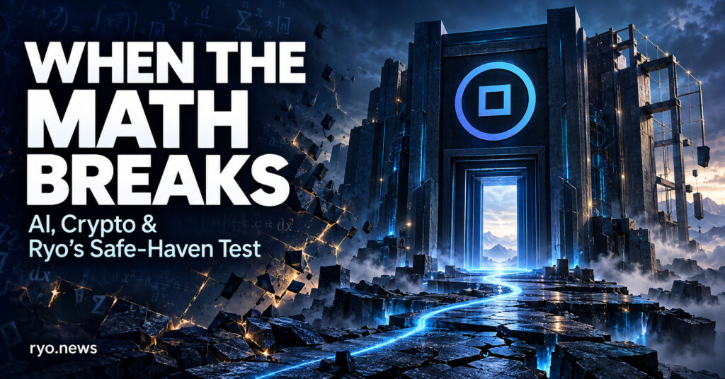 Blue gateway bearing the Ryo logo amid fractured mathematical symbols and terrain, with the headline “When the Math Breaks.”