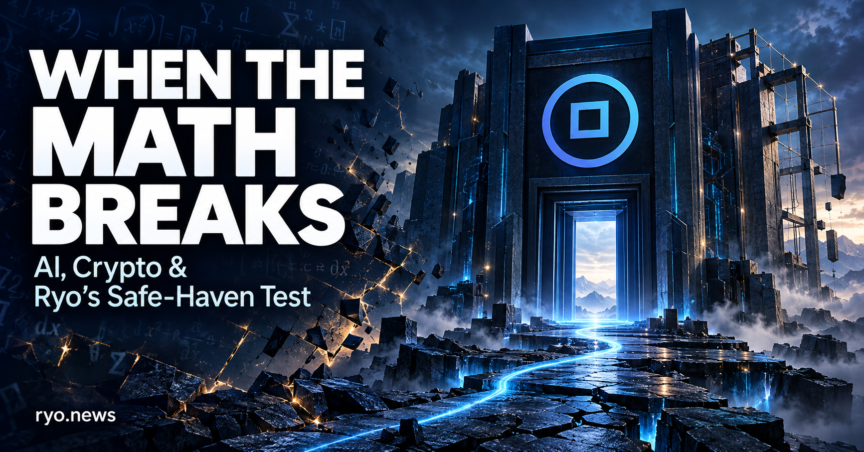 Blue gateway bearing the Ryo logo amid fractured mathematical symbols and terrain, with the headline “When the Math Breaks.”