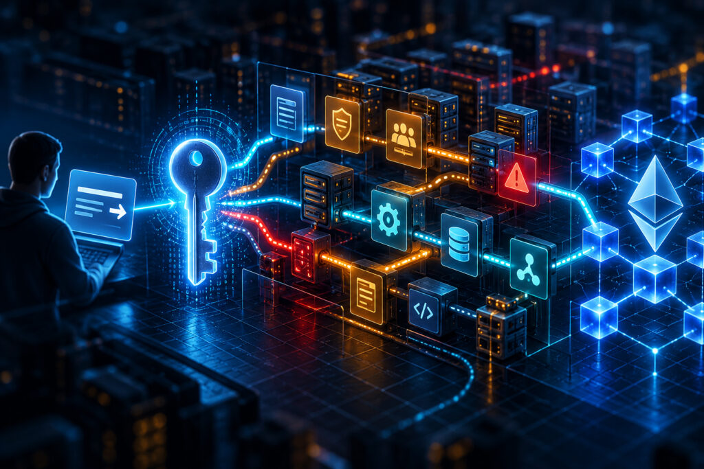 Conceptual illustration showing a secure private key surrounded by instruction, policy, execution and routing infrastructure leading to blockchain settlement.