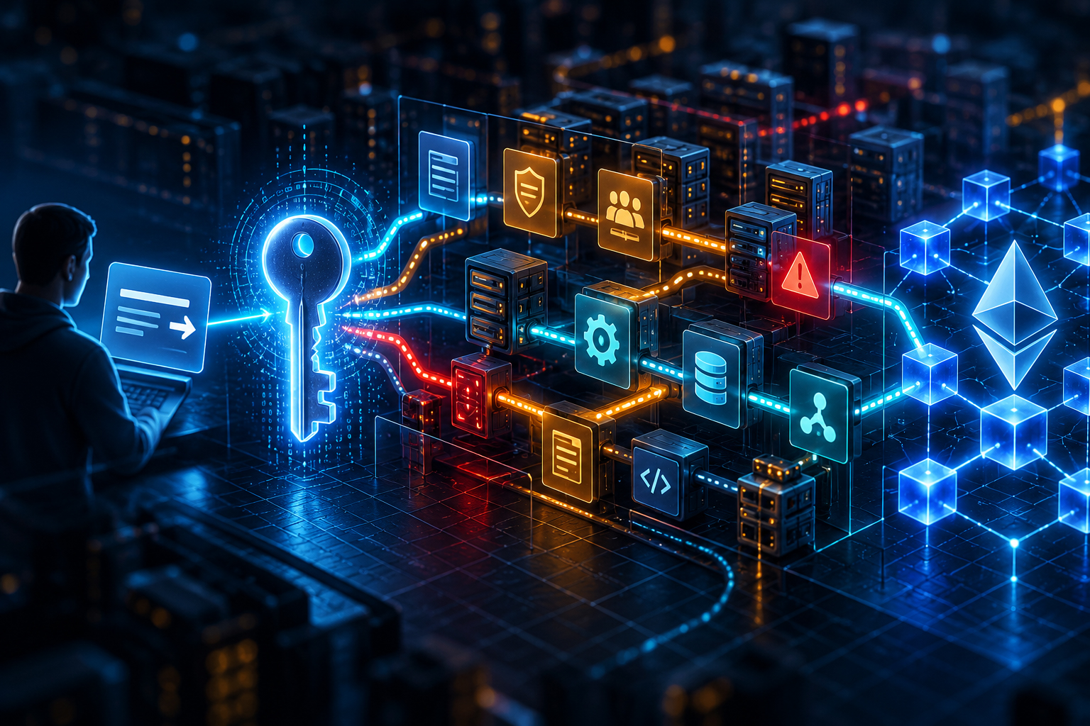 Conceptual illustration showing a secure private key surrounded by instruction, policy, execution and routing infrastructure leading to blockchain settlement.