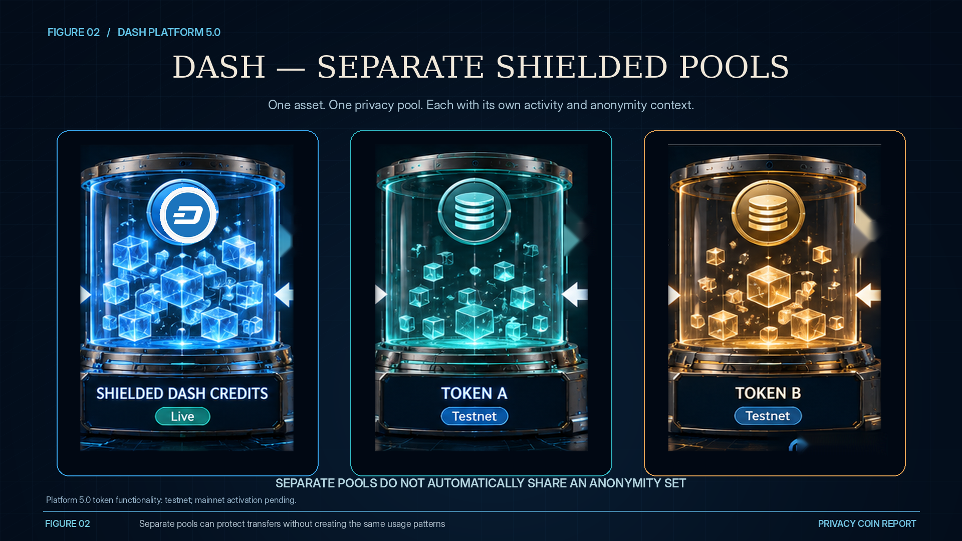 Dash Platform diagram showing shielded Dash credits and separate shielded pools for generic Tokens A and B, each with its own anonymity environment.