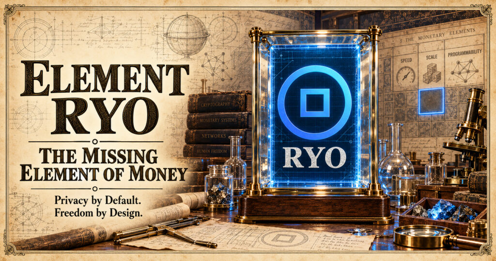 Landscape scientific illustration of a glowing blue Ryo specimen in a brass-and-glass laboratory, beside the title Element RYO: The Missing Element of Money.