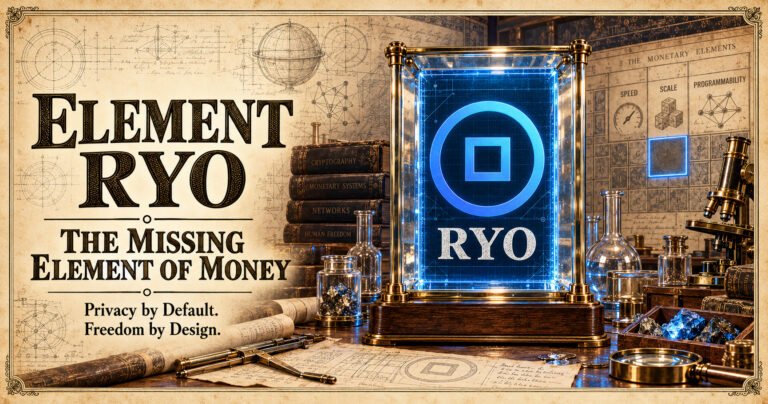Landscape scientific illustration of a glowing blue Ryo specimen in a brass-and-glass laboratory, beside the title Element RYO: The Missing Element of Money.