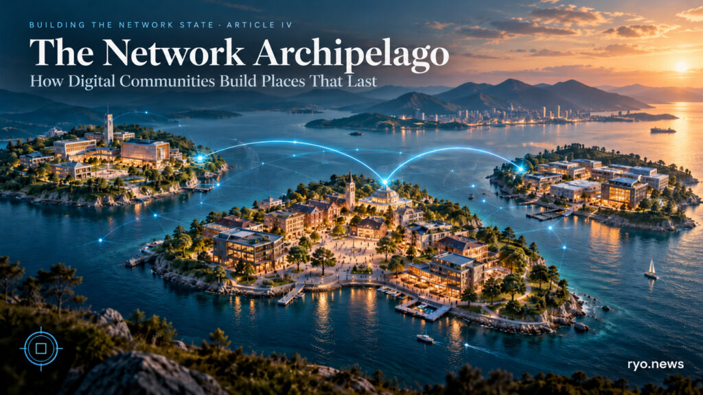Illustrated network archipelago showing three connected physical communities dedicated to education, neighborhood life and enterprise, linked by blue digital pathways.