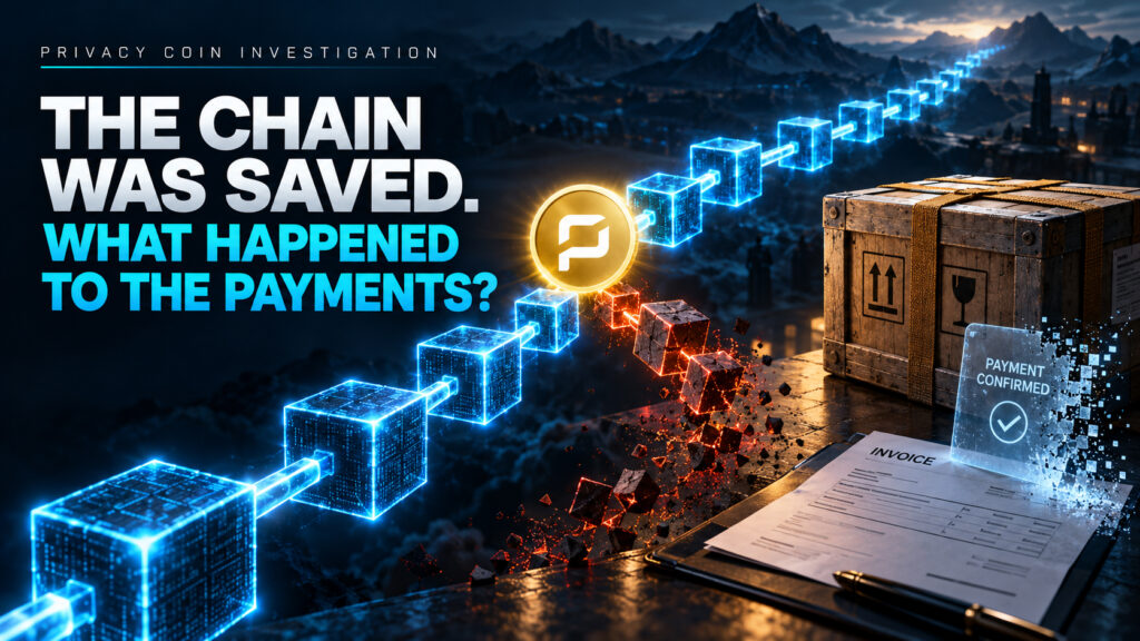 Editorial illustration of Pirate Chain's corrected blockchain diverging from a discarded history, beside a shipment and fading payment confirmation, representing questions about transaction finality.