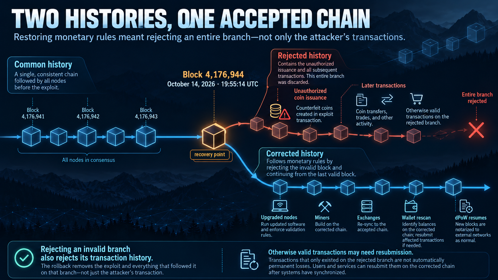 Blockchain fork diagram showing Pirate Chain recovery from pre-exploit block 4,176,944, with the rejected branch containing unauthorized issuance and later transactions and a corrected chain adopted by upgraded participants.