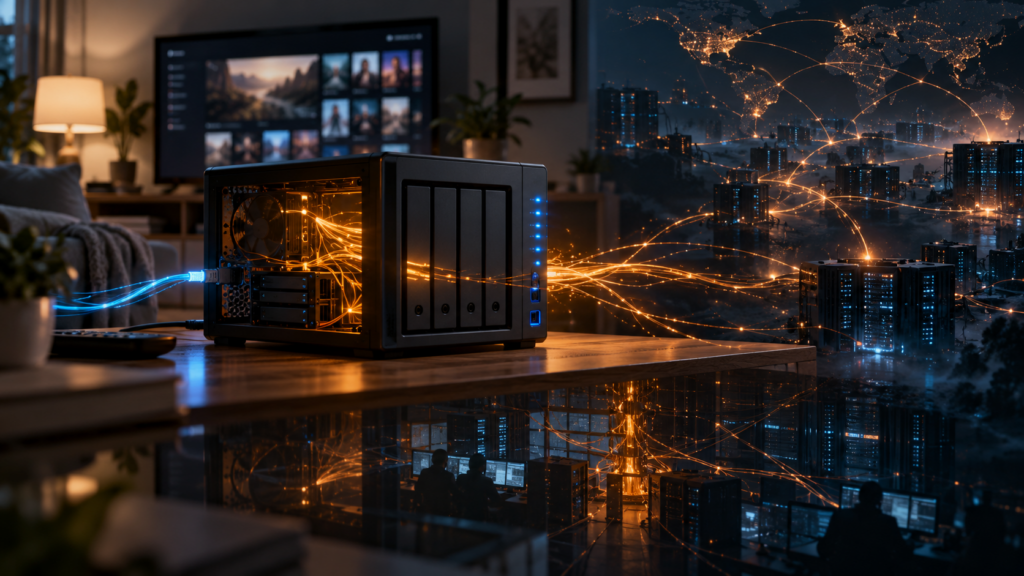 Cinematic illustration of a compromised home media server connected to a hidden global network, symbolizing unauthorized computing, proxy hijacking, and the loss of operational control.