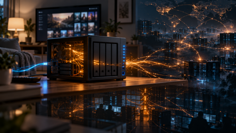 Cinematic illustration of a compromised home media server connected to a hidden global network, symbolizing unauthorized computing, proxy hijacking, and the loss of operational control.