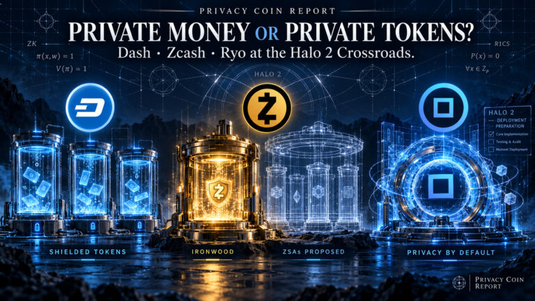 Featured illustration comparing Dash's shielded-token pools, Zcash's live Ironwood pool and proposed ZSAs, and Ryo's privacy-by-default currency with Halo 2 approaching deployment.