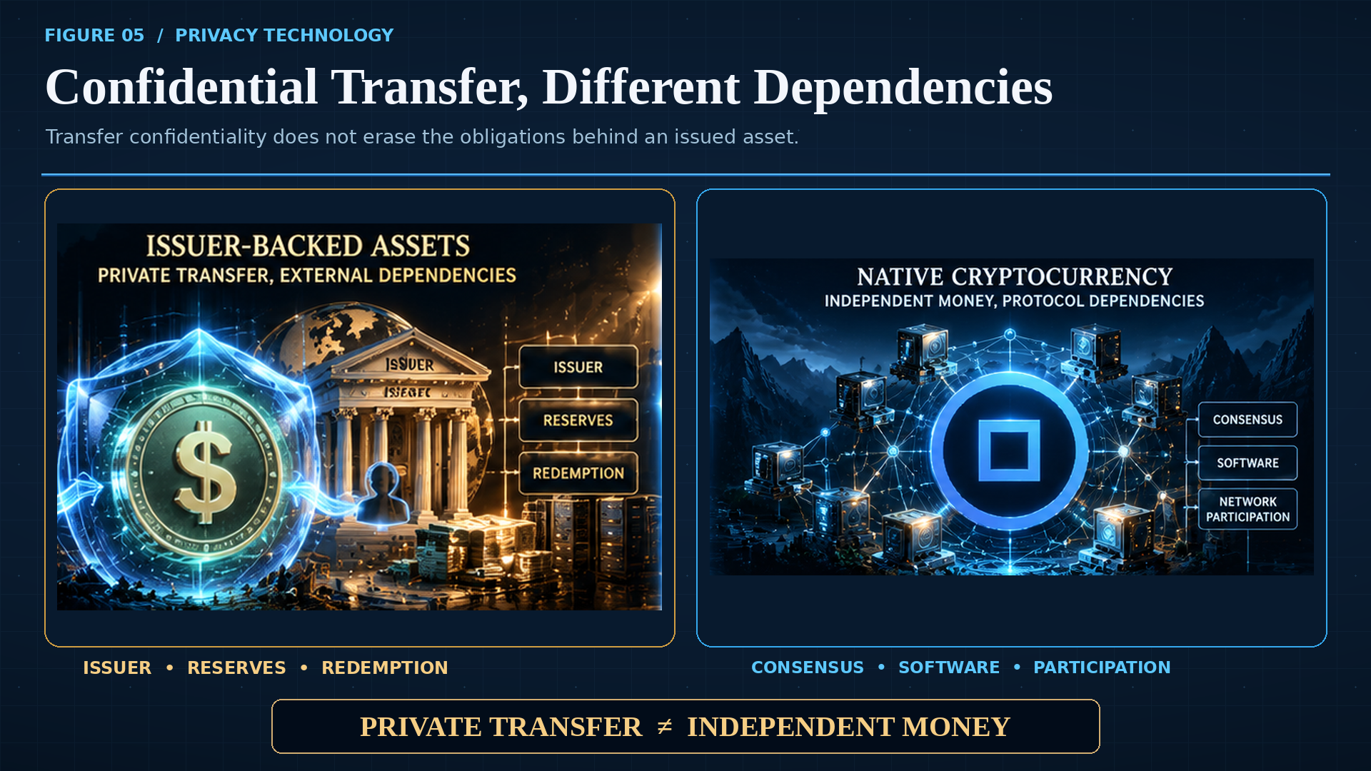 Comparison of a private issuer-backed dollar token linked to an issuer, reserves, and redemption with native Ryo cryptocurrency dependent on consensus, software, and network participation.