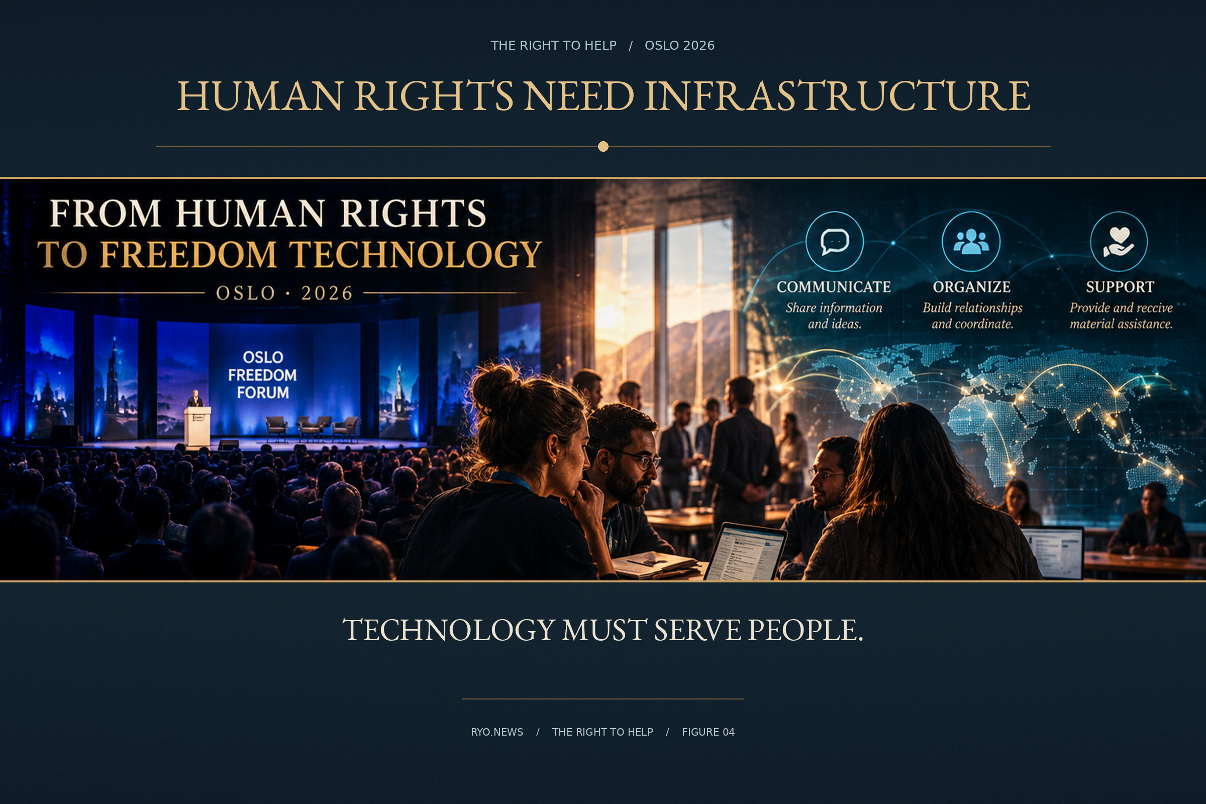 Editorial visual connecting an Oslo Freedom Forum setting with communication, organization and financial support, without suggesting a project endorsement.