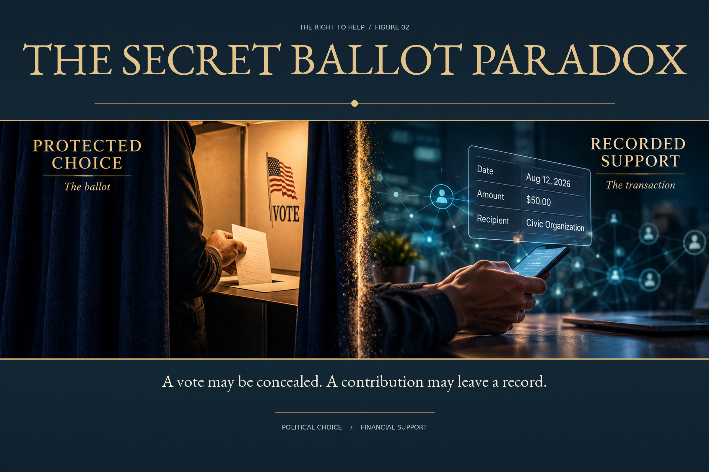 Conceptual comparison of a protected vote and a recorded act of financial support, distinguishing their different accountability requirements.