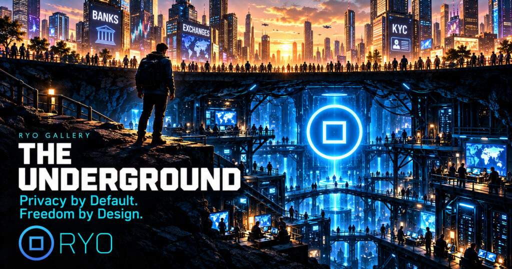 Ryo Gallery artwork showing a crowded financial city above a hidden blue underground privacy network, with the title The Underground.