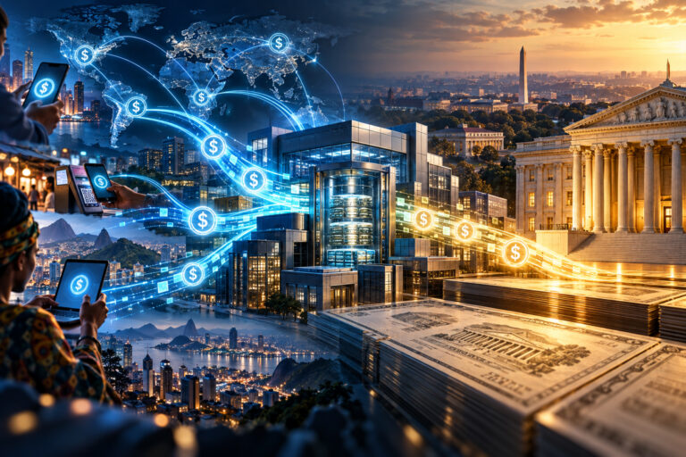 Editorial illustration showing global digital-dollar flows moving through private stablecoin reserve infrastructure toward U.S. Treasury assets, representing the link between stablecoin demand and American government debt.