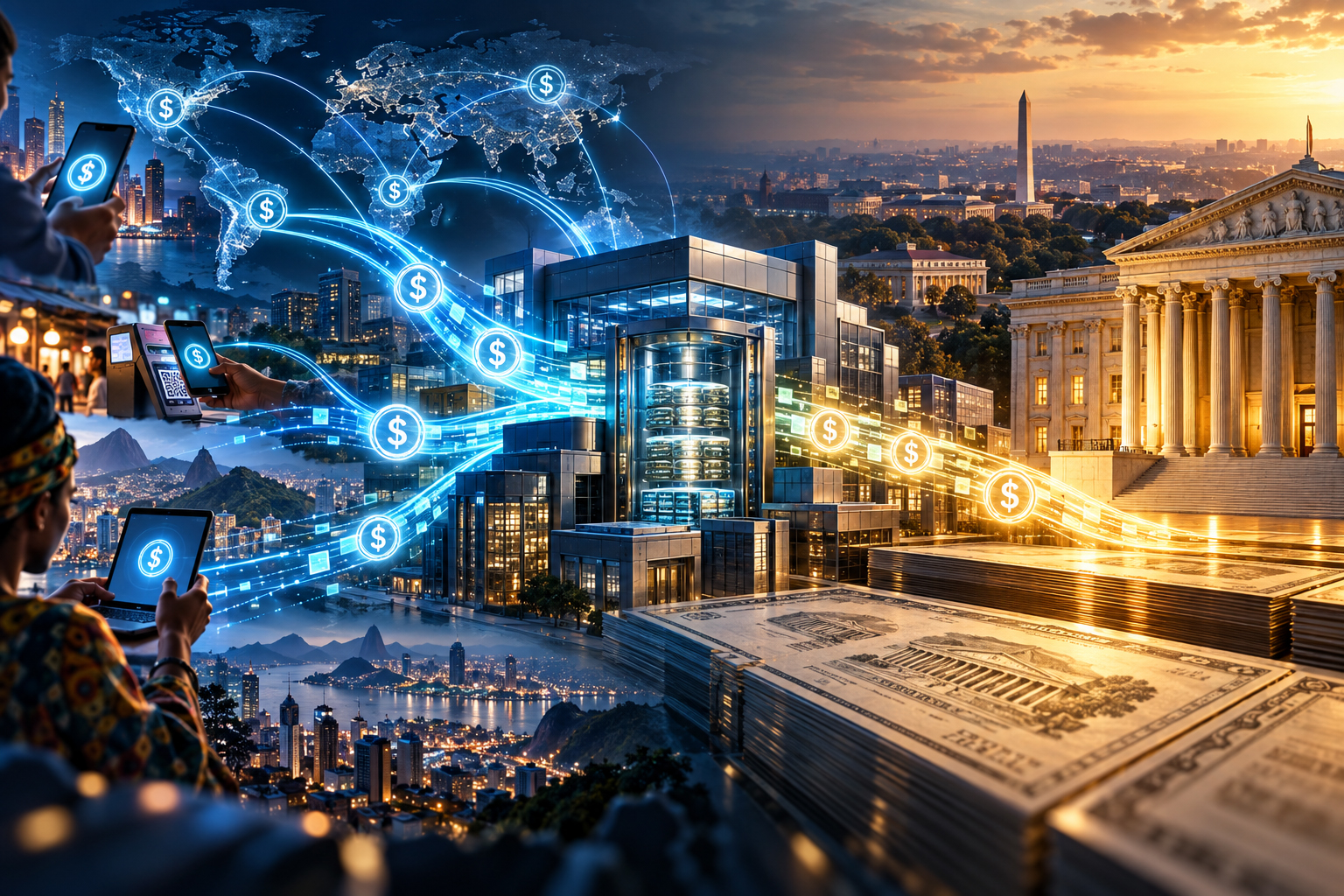 Editorial illustration showing global digital-dollar flows moving through private stablecoin reserve infrastructure toward U.S. Treasury assets, representing the link between stablecoin demand and American government debt.