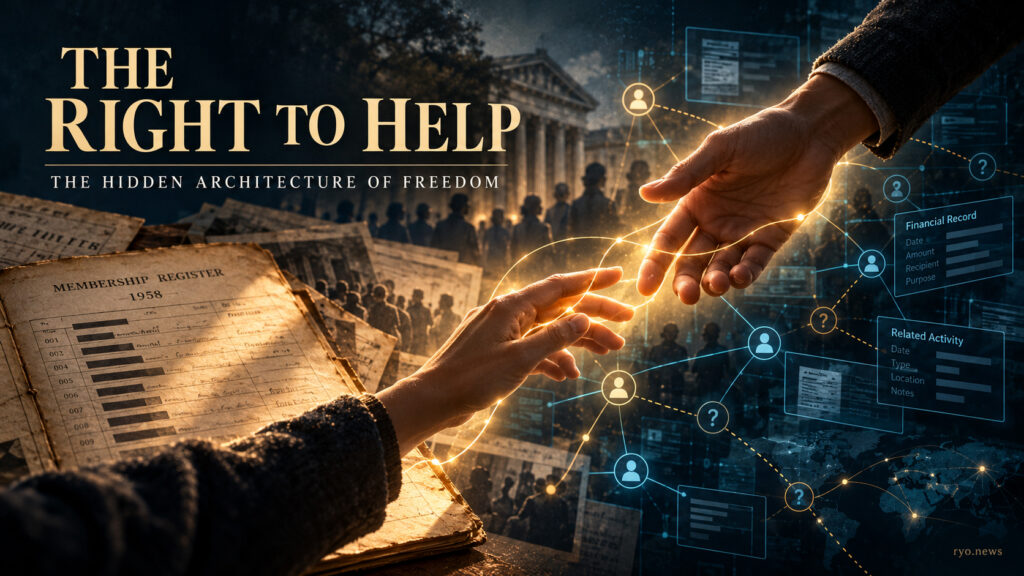 Two anonymous people join hands across a warm golden thread, while a historical membership register fades into a network of digital financial records.